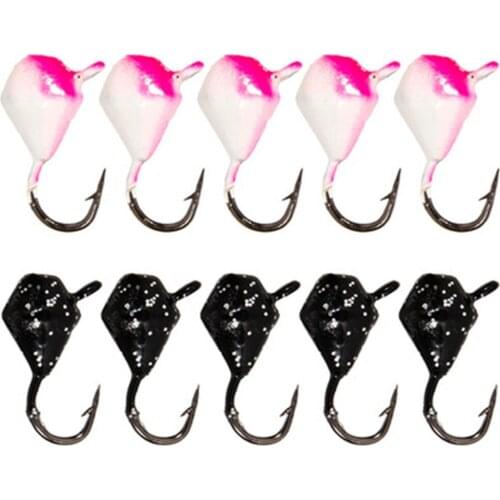 10pcs Fishing Hooks Ice Fishing Jigs Head Hook Colored Metal Heads Jigging Winter Fish Tackle Black/Pink 12x7mm Ice Fishing Hook