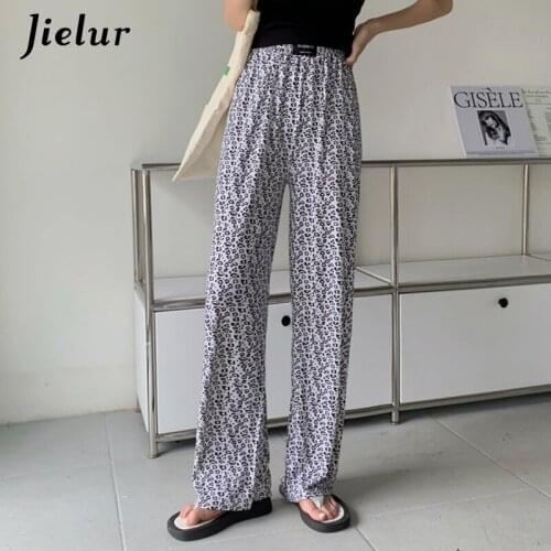 Jielur Floral Tie-dye Printed Wide Leg Womens Pants High waist Loose Casual Trousers Femme Elastic Waist Summer Pants 2021 New