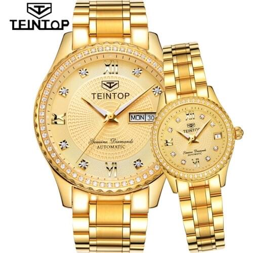 TEINTOP Brand Couple Watch Men Women Automatic Mechanical Watches Gold Luxury Clock Diamond Dial Relogio Masculino Lover Gift