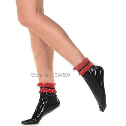 Hot Sale cute Women girl handmade Latex red pleated side purfle short Stockings Socks Fetish With Flounced Spliced For Halloween