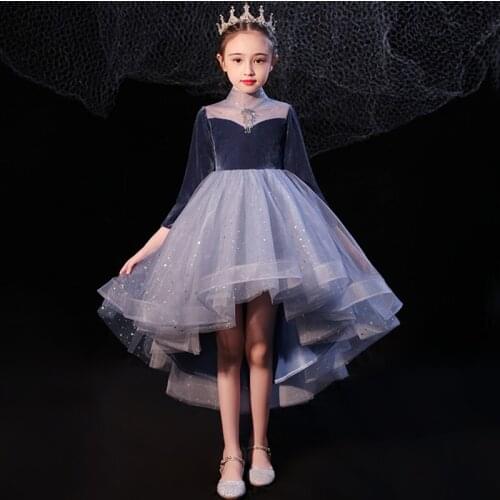 Flower Girl Dresses Illusion Princess Lace Sequined Ball Gown Crystal Full Luxury Blue Knee-Length Tulle Kids Party Dress H013