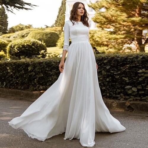 Elegant Wedding Dresses Chiffon O-neck Three Quarter Sleeves Floor Length Bridal Gowns A-line Sweep Train 2021 Robe Custom Made