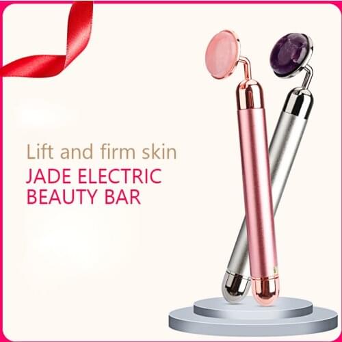 Electric Vibrating Natural Rose Quartz Jade Roller Facial Massager for Face Lifting Slim Jade Stone Massage Skincare Beauty Tool