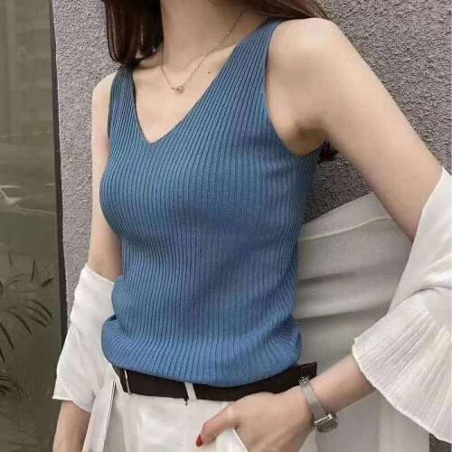 Heliar Ice Silk Knitted Tank Tops Women 2021 Summer V-neck Solid Sleeveless Slim Tops Female Casual Crop Tops For Women Outwear
