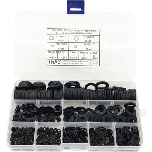 JFBL Hot 600Pcs Black Nylon Rubber Flat Washer Assortment Kit for M2 M2.5 M3 M4 M5 M6 M8 M10 M12 Plain Repair Washer Furniture G