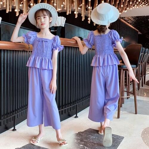 Girls' Suits Summer Clothes 2021 New Childrens Foreign Suspenders Short Sleeve Suits Little Girls Wide Leg Pants Two-piece Suit