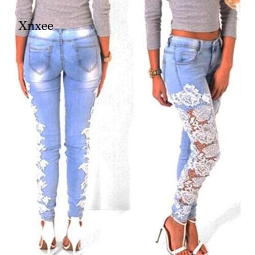 Summer Womens Jeans White Lace Stitching Sexy Jeans Skinny Womens Pencil Pants Plus Size Stretch Wash Jeans