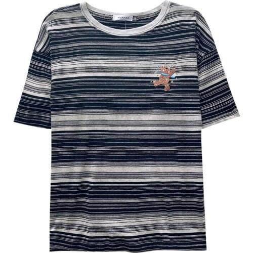 Summer o-neck loose bear embroidery comfortable blue white striped short-sleeved T-shirt