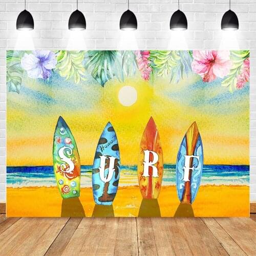 Summer Theme Oil Painting Backdrop for Photographic Studio Sunset Glow Tropical Sea Beach Surf Surfboard Background Photobooth