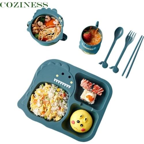 COZINESS Baby Dinosaur Cutlery Set Children Dinner Plate Grid Household Creative Cartoon Anti-fall Infant Eating Food Bowl
