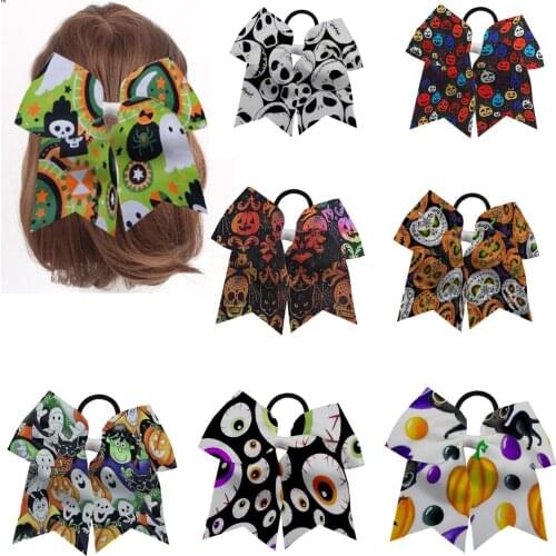NEW 1pieces 7INCH Bow Hair Ties Halloween Printed Ribbon Hair Ring Large Cheer Hair Bows Ponytail Holder for Girls