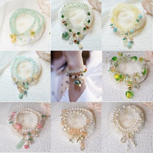 New Double Circle Graptolite Prehnite Bracelet Womens Retro Pearl Bracelet Antique Handmade Jewelry Girls Beaded Bangles