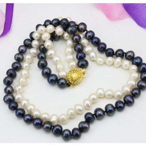 Natural real white freshwater 7-8mm pearl beads 2 rows necklace for women statement chain wedding gifts jewelry 17-18inch B3240