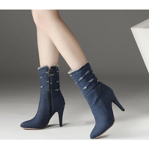 PXELENA Sexy Stiletto High Heels Denim Boots Women Retro Rome Holes Fashion Ankle Boots Ladies Shoes Blue 2018 Winter New 34-43