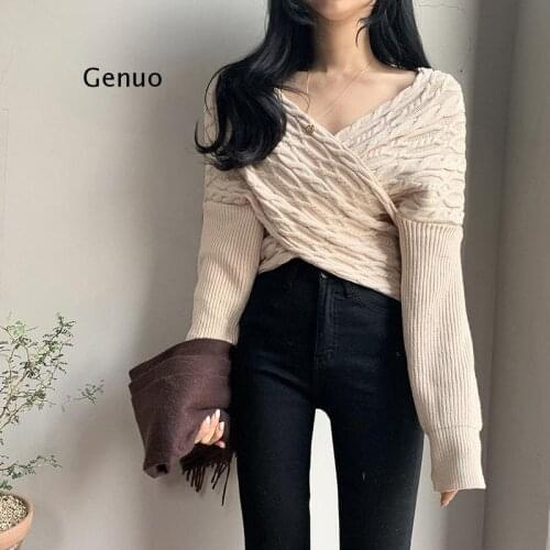 Thick Warm Irregular Jumper V-Neck Off-Shoulders Sexy Fashion Loose Knitted Sweater Coat Women Pullover Femme