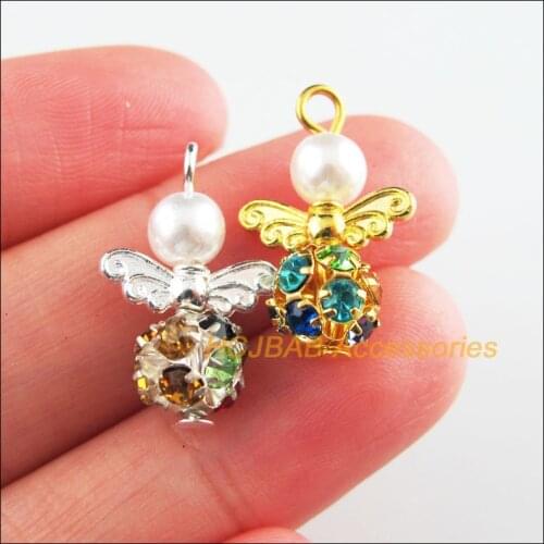 15 New White Angel Charms Silver Plated & Gold Color Colored Crystal Pendants 14x22mm