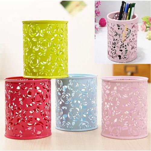 Hollow Rose Desk Storage Box Organizer Flower Penholder Pencil Brush Pot Holder Stand Container Stationary