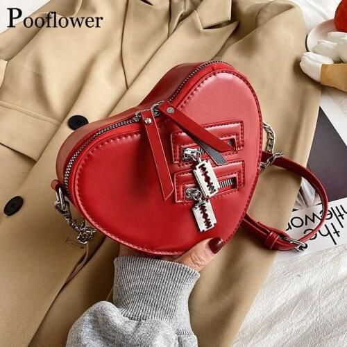 Pooflower Heart Shaped Chains Small PU Leather Crossbody Bag for Women Solid Zipper Shoulder Bag Girl Purse bolso mujer ZH476