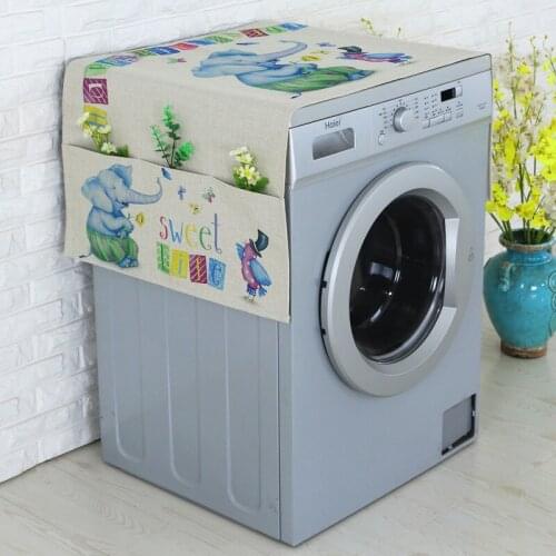 Cartoon Printed Roller Washing Machine Refrigerator Dust Cover with Storage Pocket Dustproof Cotton Linen Cloth Craft FC117
