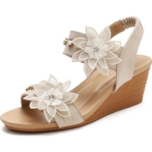 2021 Ladies Solid Color Wedge Open Toe Sandals Fashion Elastic Band Sandals Summer Flowers Bohemian Roman Shoes Ladies Sandals