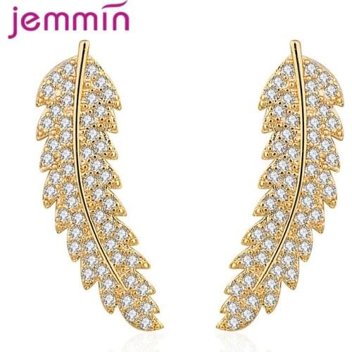 925 Sterling Silver Feather Leaves Stud Earring Romantic CZ Crystal Tree Leaf Earring Wedding Engagement Jewelry