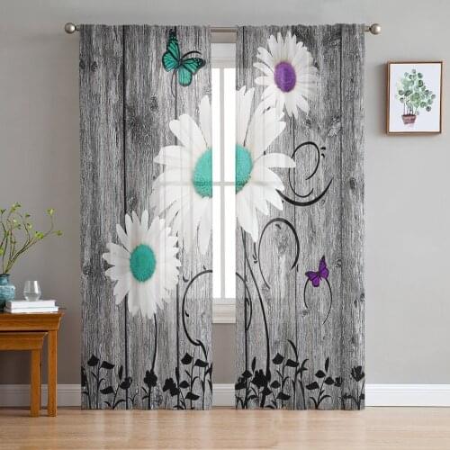 Wood Grain Daisy Butterfly Retro Art Sheer Curtains for Living Room Modern Voile Curtain Bedroom Tulle Curtains Window Drapes