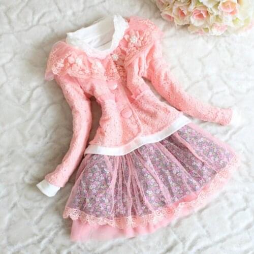 Girls Jacket+ t-shirt +Skirt pearl lace Flower clothes Set YF810