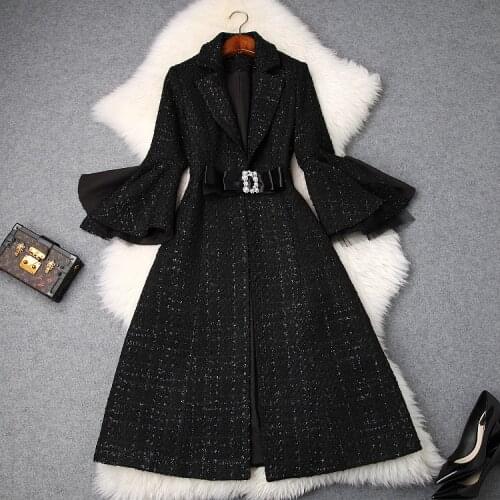 European and American womens 2019 winter clothing new Nine points sleeve The horn sleeve bowknot Tweed coats