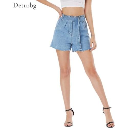 Womens Fashion Denim Shorts With Belt Female Korean Casual High Waist Wide Leg Jeans Short Biker Shorts femme 2020 Summer PA119