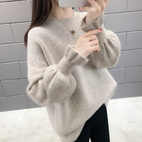 2020 Autumn Winter Korean Women Sweater Casual O Neck Solid Knitted Pullover Loose Flare Sleeve Elegant Sweaters Women