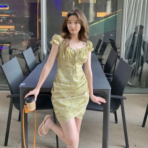 Short Puff Sleeve Summer Dress Women Floral Print Ruched Party High Split Long Dresses Female Drawstring Sexy SunDress