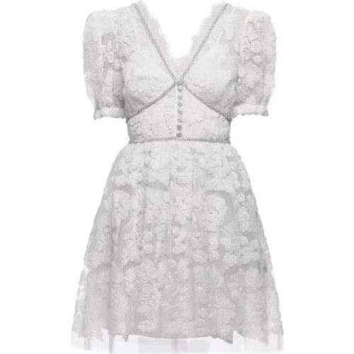 Women Dress 2021 Summer New Sweet V-neck Puff Sleeve Lace Three-dimensional Flower Dress Women