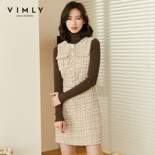Vimly Women Dress Winter Fashion O Neck Sleeveless Single Breasted High Waist Elegant A Line Dresses Female Vestidos F3021