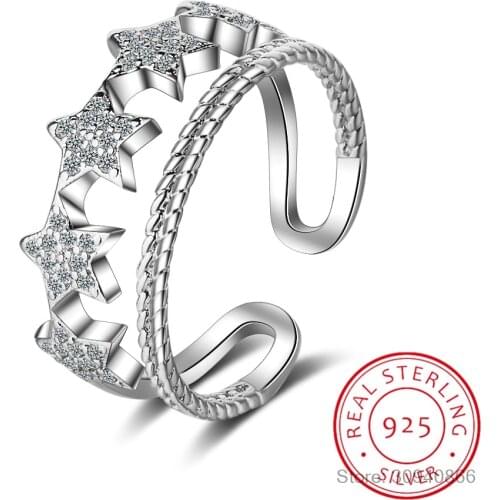 AAAAA Zirconia Double Line Star Adjustable Ring For Women 925 Sterling Silver Rings For Girl Fashion Ring Bague JZ254