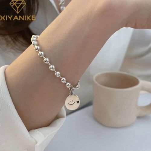 XIYANIKE 925 Sterling Silver Irregular Ball Chain Smile Medal Pendant Bracelet For Girls Sweet Romantic Jewelry Gift Wholesale