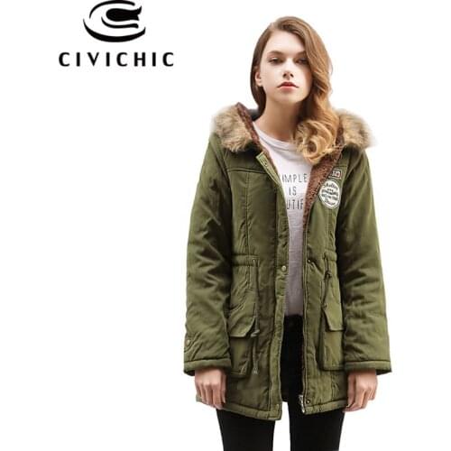 CIVICHIC Hot Fashion Winter Women Parka Fur Collar Hooded Jacket Slim Fleece Overcoat Vintage Military Outerwear 16 Colors DC10