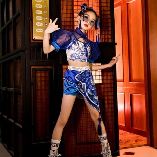 Children Jazz Dance Costumes New Chinese Style Modern Dance Hip Hop Clothing Blue Tops Skirts Suit Stage Rave Clothes DQS7310