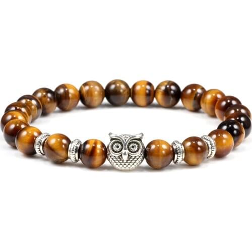 Energy Tiger Eye Owl Head Buddha Beads Bracelet Men Natural Black Lava Onyx Stone Bangle Yoga Strand Jewelry For Women Pulseras