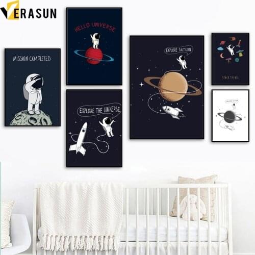 Cartoon Planet Star Rocket Spaceman Space Travel Wall Art Canvas Painting Nordic Posters And Prints Wall Picture Kids Room Decor