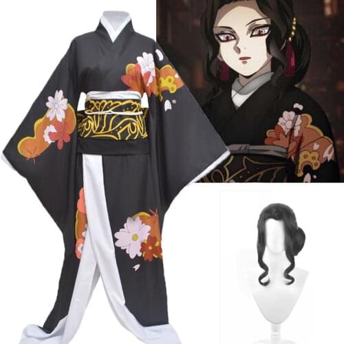 Anime Demon Slayer Kimetsu No Yaiba Kibutsuji Muzan Cosplay Full Set Wig Costume Women Black Kimono Uniforms Dresses Gifts