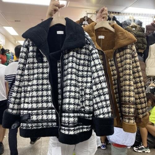 Winter Woolen Jacket Women Warm Loose Biker Fashion High Quality Lattice Lambswool Coat Korean Clothes Chaquetas De Mujer