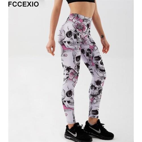 FCCEXIO Soft Stretch Fitness White Skull 3D Print Leggings Women Workout Legging Fashion Jeggings Women High Waist Pants Mujer