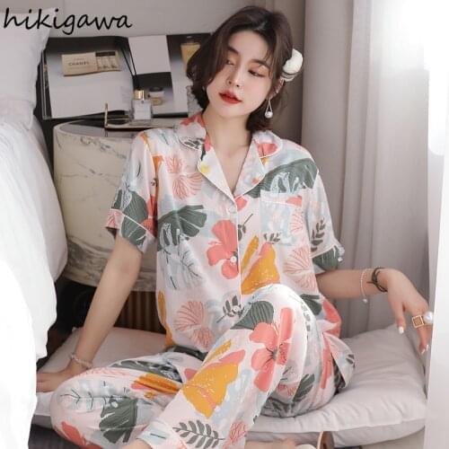 Hikigawa Summer Pajamas for Women 2021 New Pantsuits Short Sleeve Trouser Suit Female Thin Home Clothes Pijamas De Mujer 97663