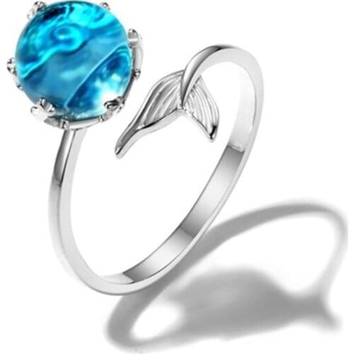 New Arrival Creative Mermaid Foam Gem 925 Sterling Silver Jewelry Personality Crystal Ball Fish Tail Opening Rings SR163