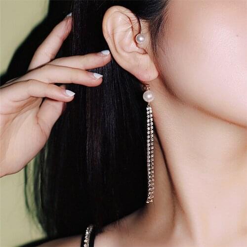 New Creative Rhinestone Pearl Tassel Ear Hook Style Womens No Pierced Ear Clip Single Earrings Dinner Party Fashion Jewelry