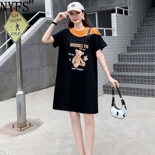 NYFS 2021 Korean New Loose Pure cotton Patchwork Woman Dress Vestidos robe femme ete Elbise Cartoon bear pattern Summer Dress