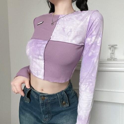 Contrasting color stitching slim knit round neck long-sleeved short cropped T-shirt top womens autumn 2021 European and America