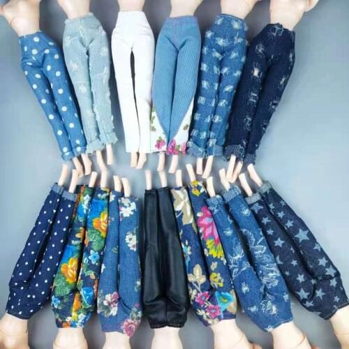 1/6 BJD Clothes Fashion Floral Ripped Jeans Leather Pants Doll Trousers For Barbie Doll Clothes Outfits 11.5" Dolls Accessories