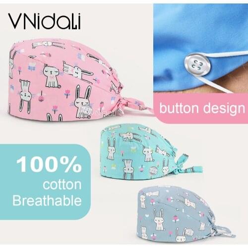 Wholesale Pet shop beauty scrub hat 100% cotton breathable cartoon printing surgical cap laboratory female work cap scrub caps