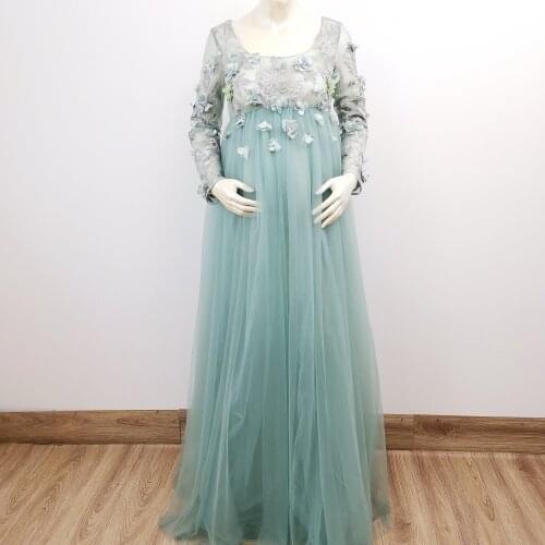 Photo Shoot Soft Tulle Embroidery Floral Maternity Gown Long Sleeves Pregnant Dress Photography Accessories Baby Shower Clothing